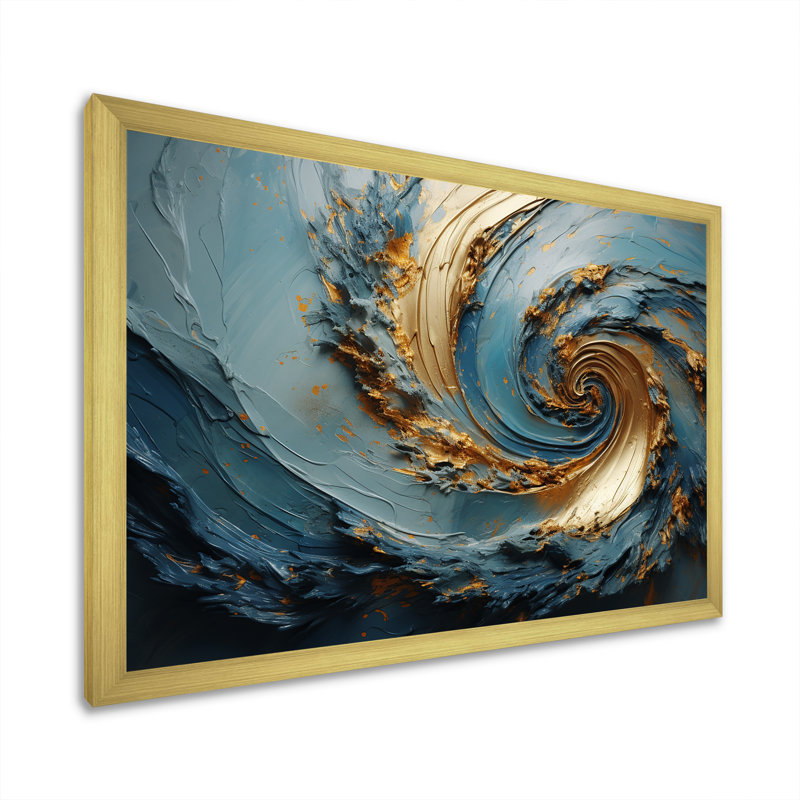 Vortex doré et bleu - art abstrait sur toile, Cadre doré simple, H 30 po x l 40 po x P 1,5 po