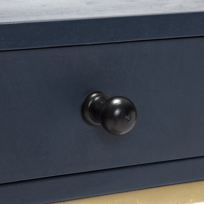 Navy Blue Mango Wood Accent Table with Gold Metal Frame