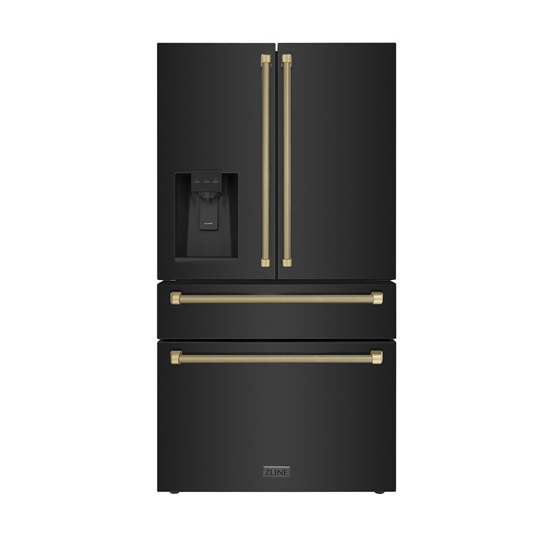 ZLINE Autograph 36 in. Counter-Depth Fridge w/ Water Dispenser in Black Steel & Gold Helix Handles, Champagne Bronze