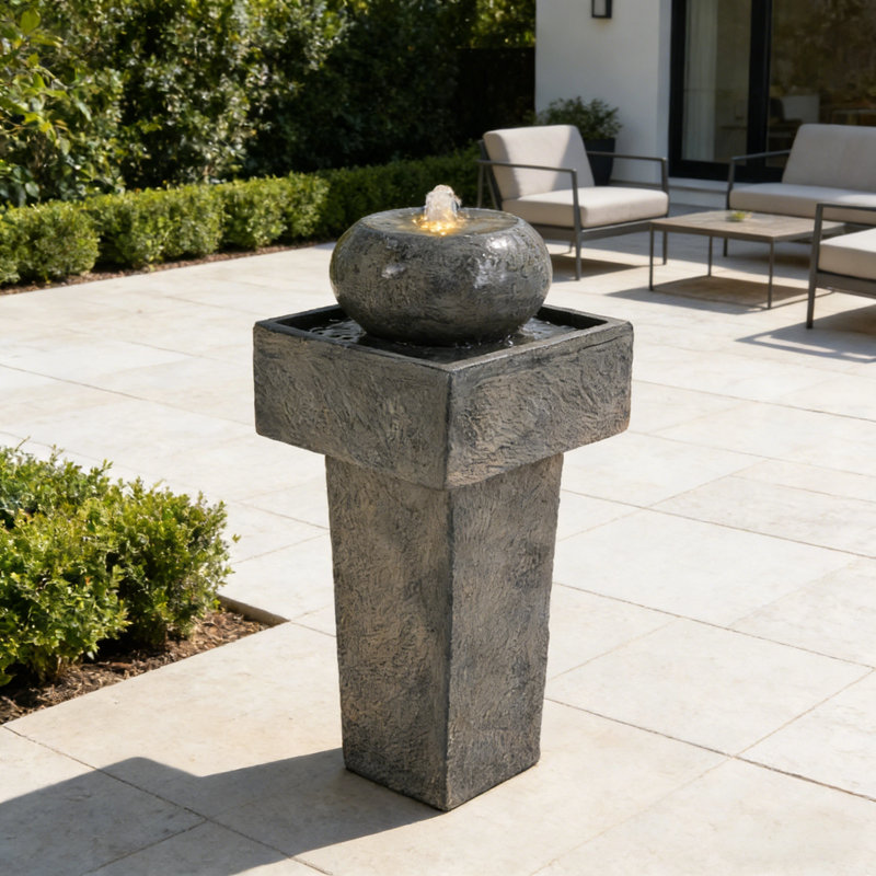 Fontaine 25,59 "H moderne colonne en béton, oasis d'extérieur à DEL