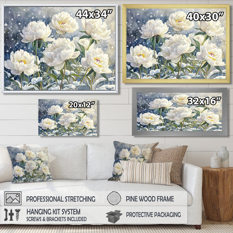 Hiver pivoines dans les congères II - pivoines, art mural, H 12 po x l 20 po, Cadre simple argenté