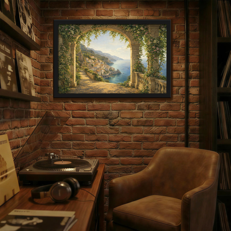 «Scenic & Cityscapes Arched View Coastal Village», peinture de paysage, H 16 po x l 24 po