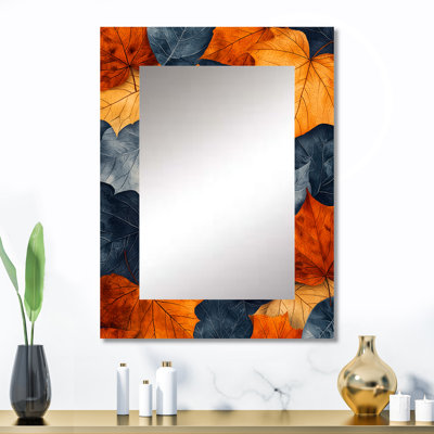 Orange Autumn Leaves III - miroir décoratif feuilles, miroir mural traditionnel, impression d'art en métal