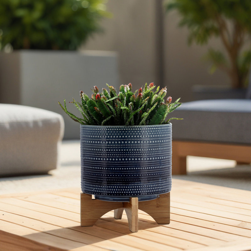 Jardinière en grès avec support en bambou Clingmans - Design moderne et élégant, matériaux de haute qualité, Bleu