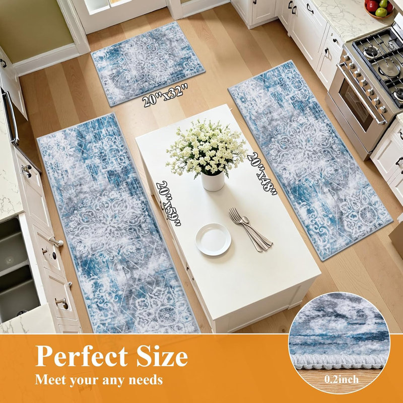 Tapis de cuisine antidérapant lavable et rétro Boho (ensemble de 3), Bleu