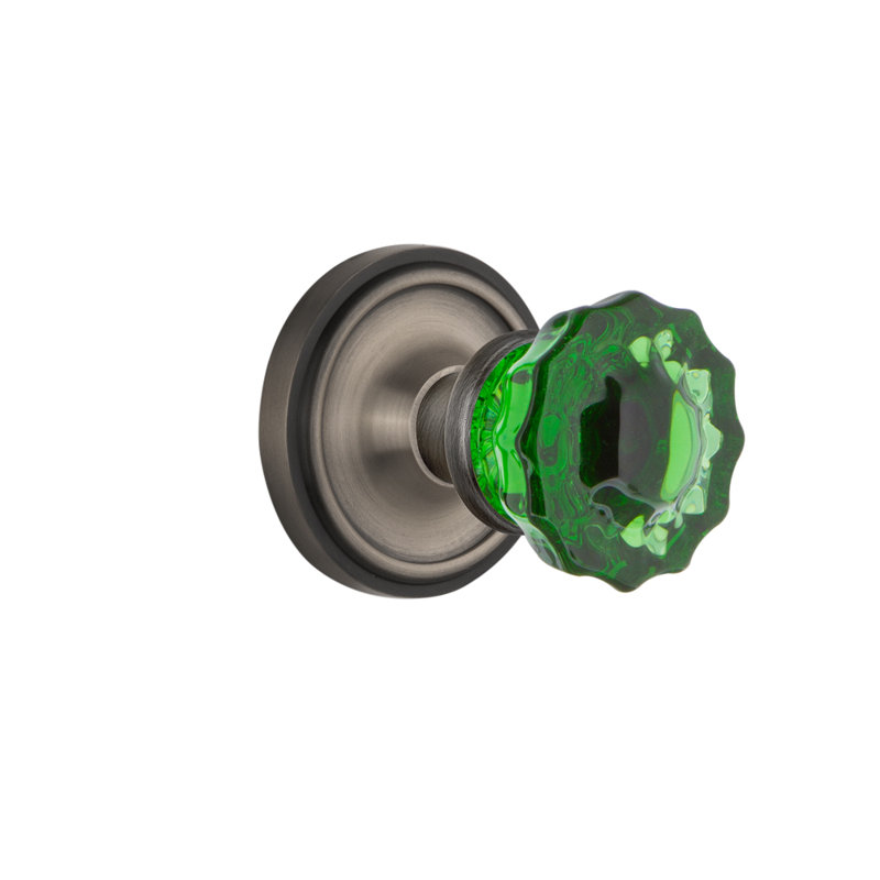 Classic Rosette with Crystal Emerald Door Knob, Antique Pewter
