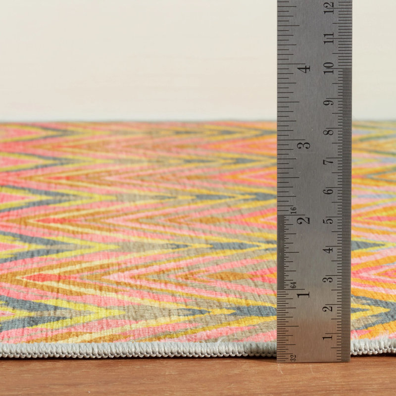 Seneca Machine Printed Polyester Chevron Area Rug in Turquoise/Red/Yellow, Rectangle 2' x 3'