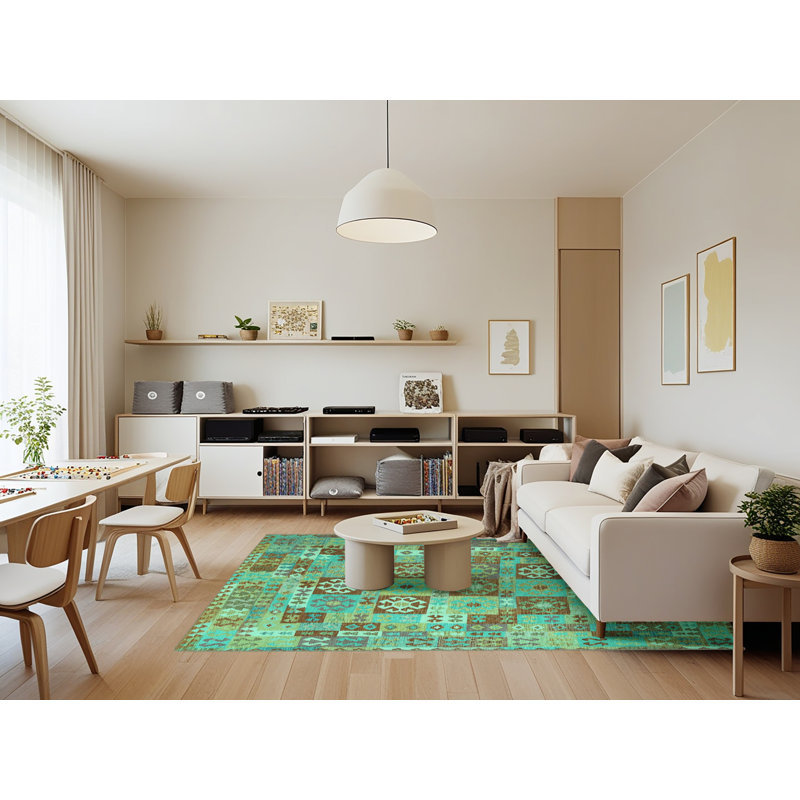 Tapis vert / brun en laine et polyester tissé à la machine 7 pi x 9 pi Eefkea Ikat