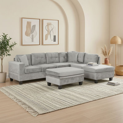 Canapé d'angle en L 6 places avec méridienne réversible, pouf de rangement, 2 coussins et porte-gobelets
