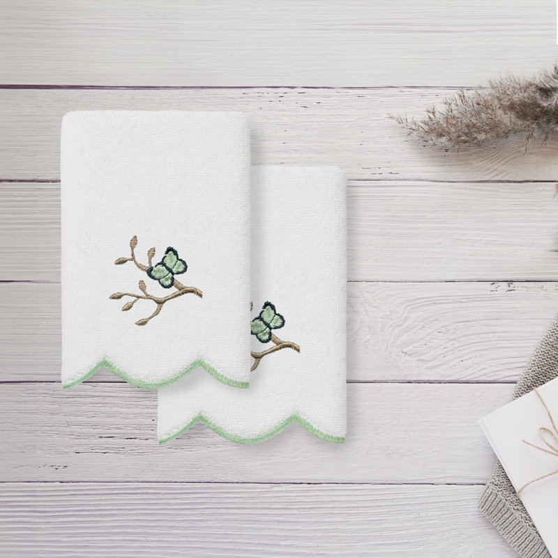  100% Turkish Cotton TERESA Scallop 2PC Embellished Fingertip Towel Set, White/Green, Finger Tip Towel - 2 Pack