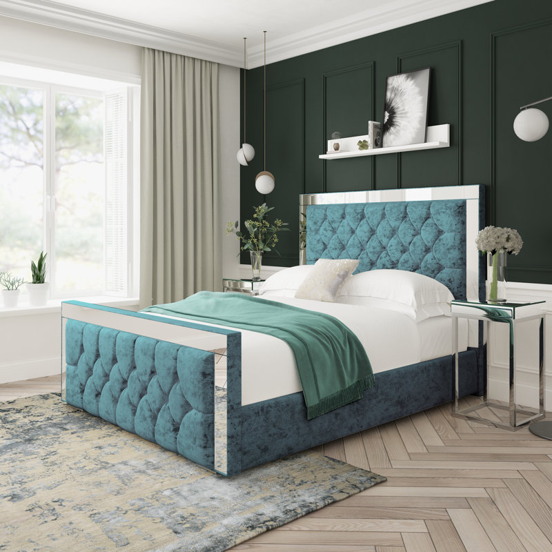 Sage Crushed Velvet Upholstered Ottoman Bed Frame, Super King (6'), Teal