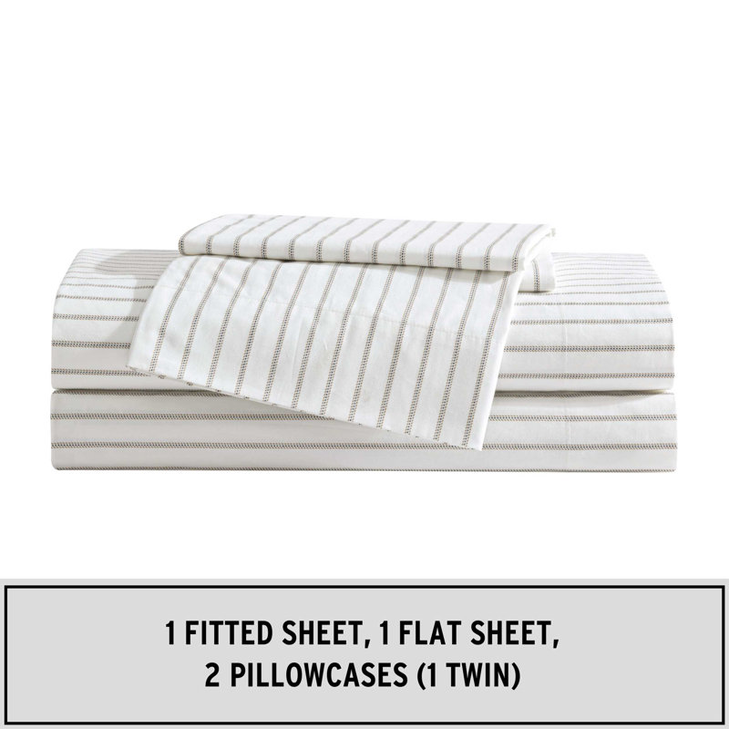 Shasta Lake Cotton Percale Standard Sheet Set, Queen Sheet Set with 2 Pillowcases, Essential Stripe Beige
