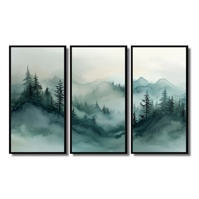 «Fading Light Gradient Forest Landscape II», art mural montagnes, 3 pièces, H 32 po x l 48 po, Noir
