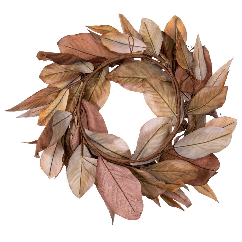 24" Brown Magnolia Leaf Wreath. It measures 24 by 12 inches.