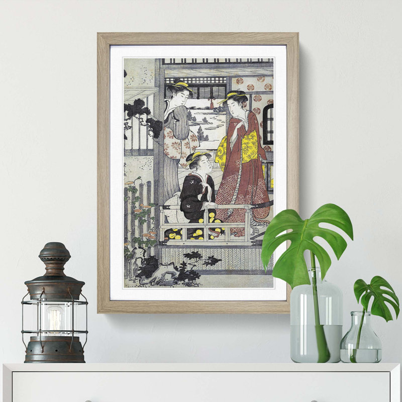 Three Women on a Veranda by Chobunsai Eishi - Picture Frame Painting Print, 36cm H x 27cm W x 2cm D, Oak Framed