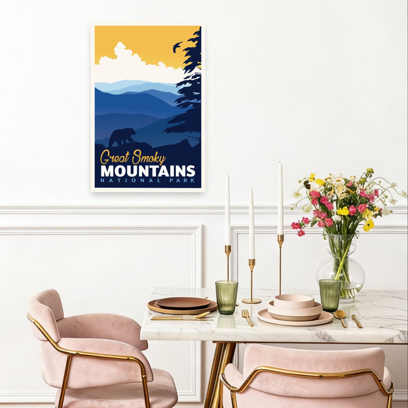 Golden Sky Mountain Bear Abstract Contemporary Bear Bird Landscape Mountain Wall Art Print by Retrodrome - Wrapped Canvas Print
