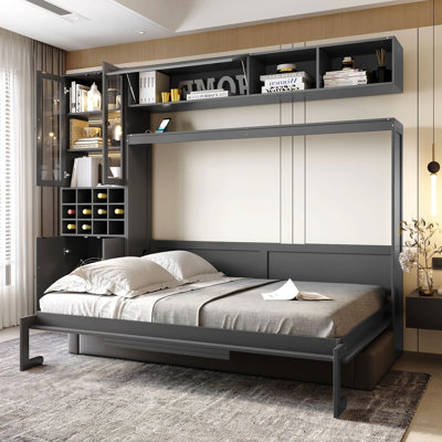 Lit escamotable double pleine grandeur avec canapé et tablettes USB