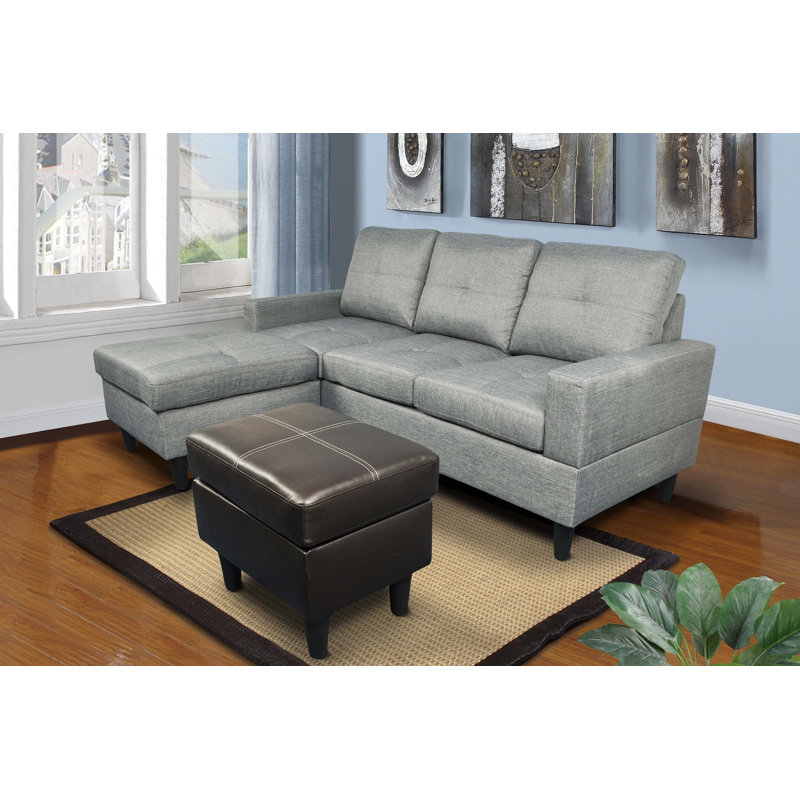 75.3" Wide Left Hand Facing Sofa & Chaise with Ottoman,  Gray/Black Faux Leather