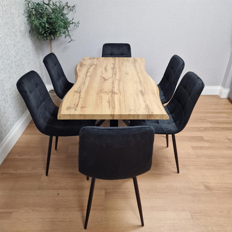 Wooden Brown Dining Table with 6 Velvet Chairs, Stylish Dining Room Furniture, Black, 75cm H x 140cm W x 80cm D