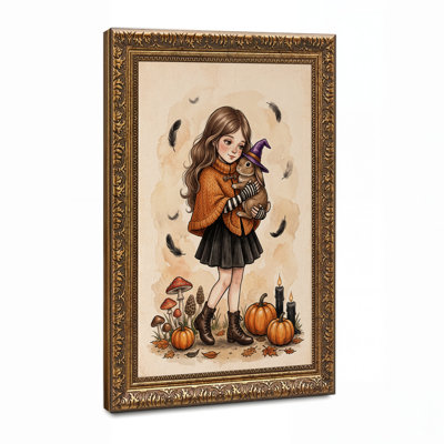 Art mural sur toile, "Girl tenant un lapin avec un chapeau de sorcière mauve"