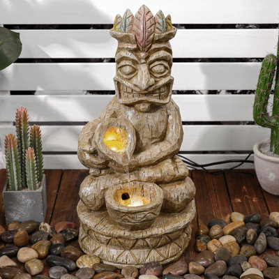 Fontaine tropicale de 23 po avec lumières DEL, cascade Tiki Totem, élément extérieur en résine résistant aux intempéries à 2 niveaux