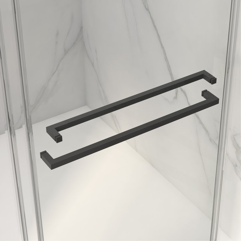 Porte de douche coulissante double sans cadre l 56 à 60 po x H 70 po, verre trempé clair de 5/16 po (8 mm) de large épaisseur, couche facile à nettoyer des deux côtés, fini noir mat avec tampon
