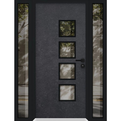 Porte d'entrée extérieure prémontée en aluminium Cynex 6106, couleur pierre foncée, acier et métal, style moderne peint