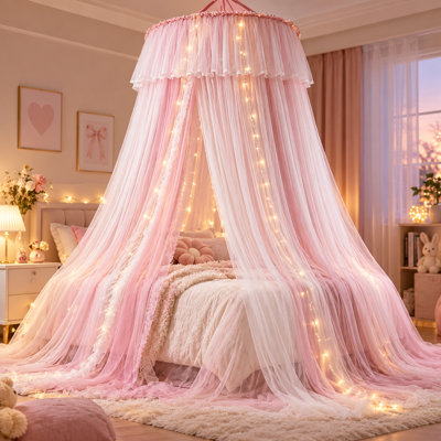 Auvent de lit double couche pour filles, auvent suspendu en maille diaphane, rideau de lit princesse de 110 pouces avec crochets adhésifs