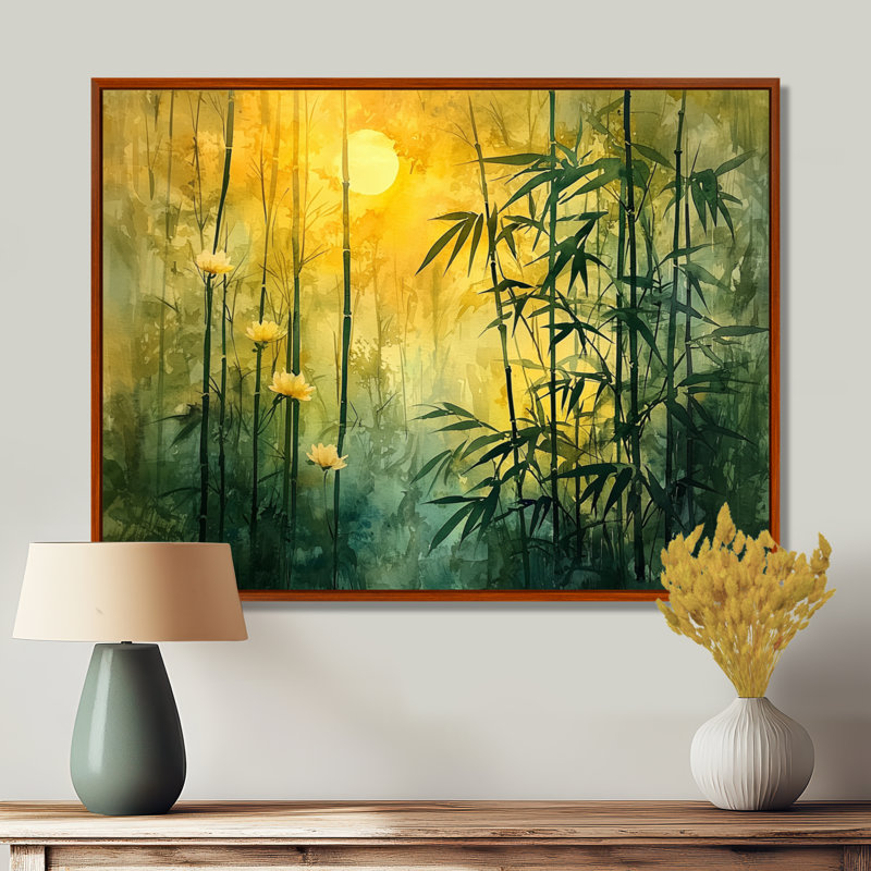 Lueur dorée de forêt de bambou II - décoration murale en bambou, H 34 po x l 44 po, Cadre flottant, Brun