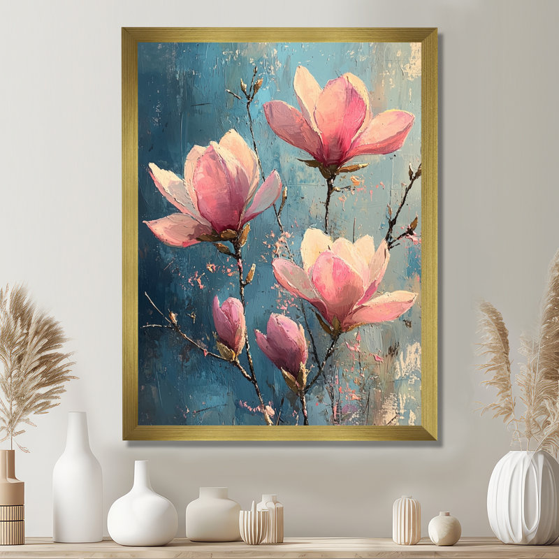 «Magnolia Blooms In Soft Pastels Winter Impressionist I», impression sur toile florale, H 40 po x l 30 po, Avec cadre, Doré
