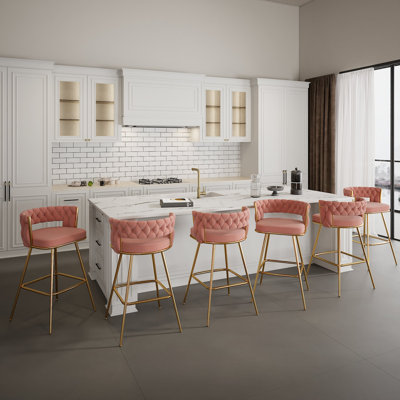 Bar Stools Set Of 6 Counter Height Velvet Upholstered Morden Barstools With High Backs 6 Metal Legs Chair For Kitchen Island Dining Room Bar, Pink