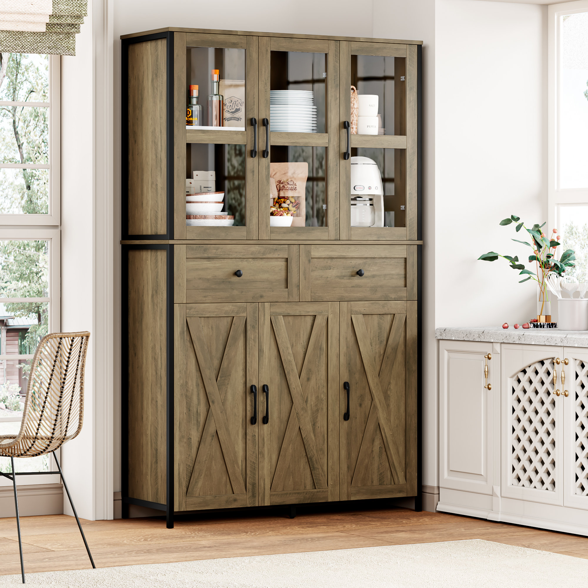 Gracie Oaks Kitchen Pantry With Large Drawers and Farm Doors & Reviews ...