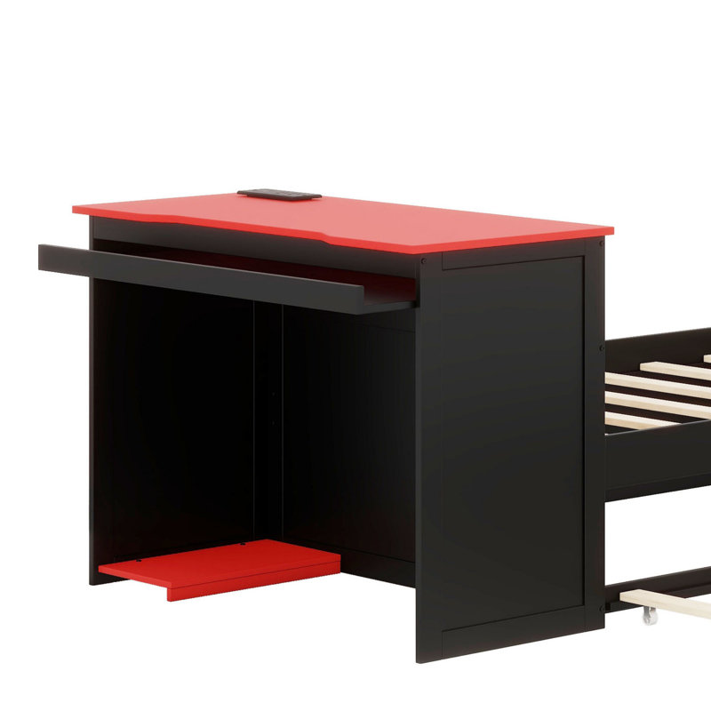 Lit de jour en bois avec couchette, bureau d'écriture, éclairage à DEL intégré et ports de charge USB, Lit simple