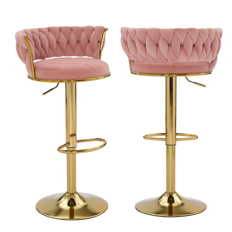 George Set of 2 Bar Stools with Woven Velvet Upholstered Backrest, Height Adjustable Counter Stools, Swivel Kitchen Stools for Kitchen Island, Bar, Pink