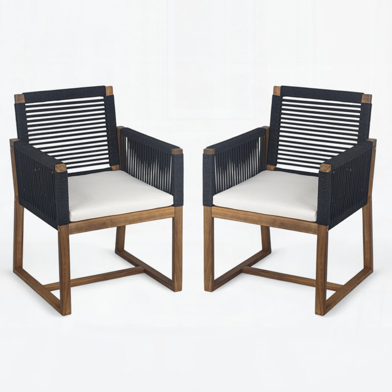 Chaise de salle à manger d'extérieur (ensemble de 2), Coussin blanc / cadre noir / brun
