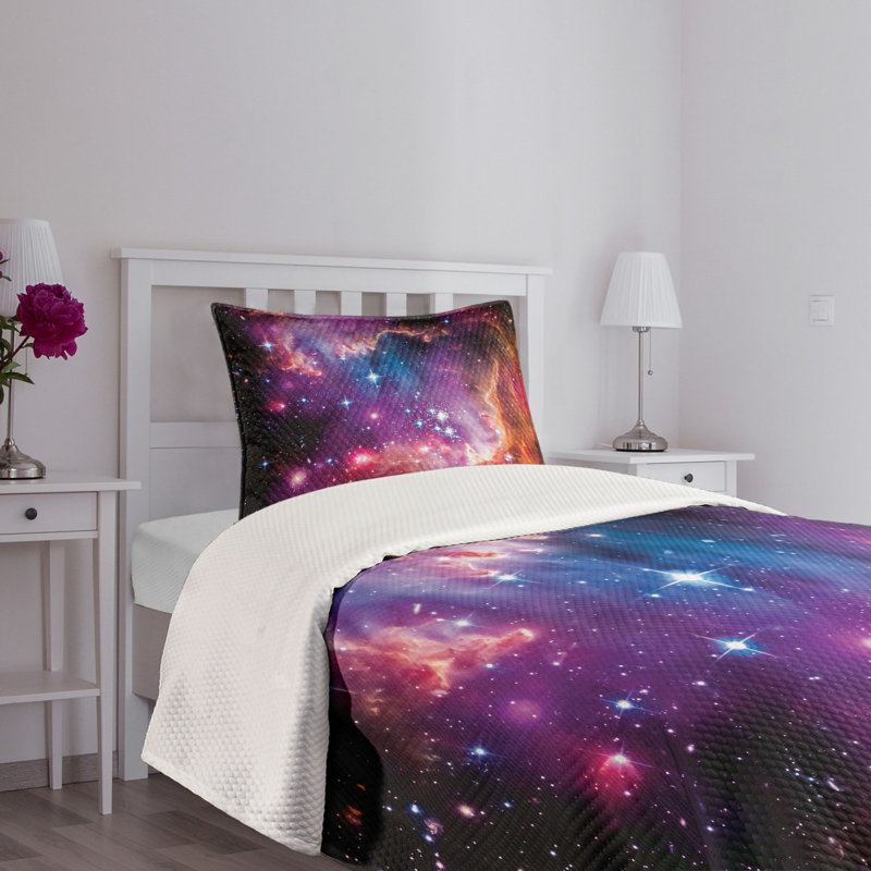 Twin White Quilted Bedspread Set with Galaxy Print