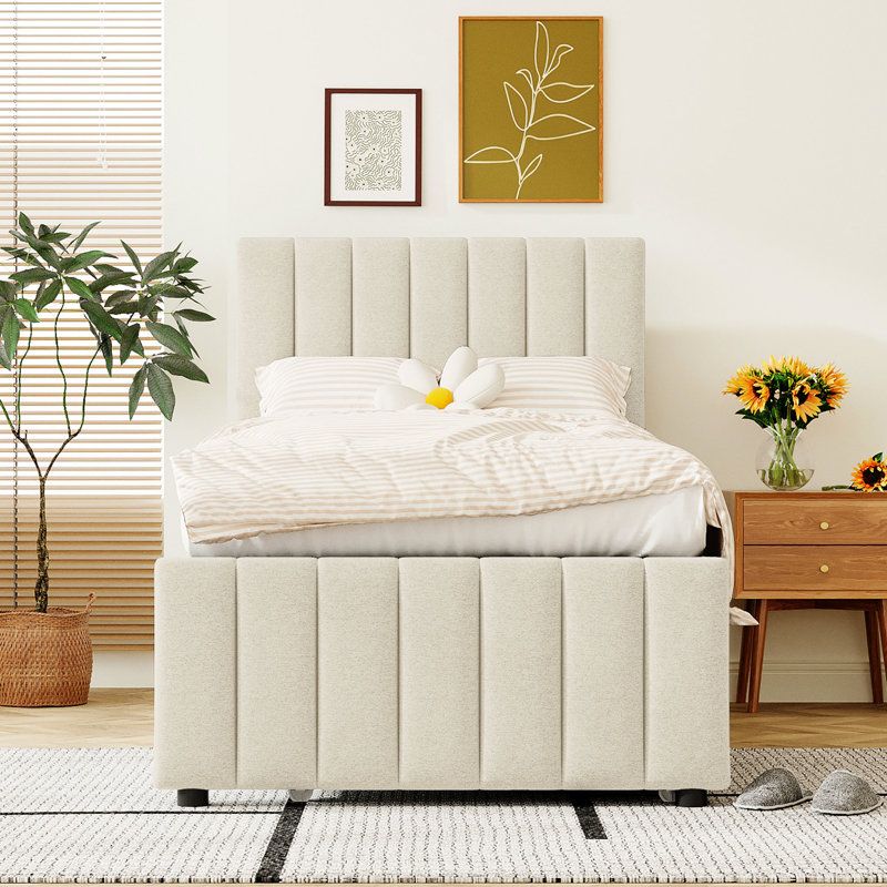 Lit plateforme simple tapissier avec lit gigogne et 3 tiroirs, lin beige 3 tiroirs