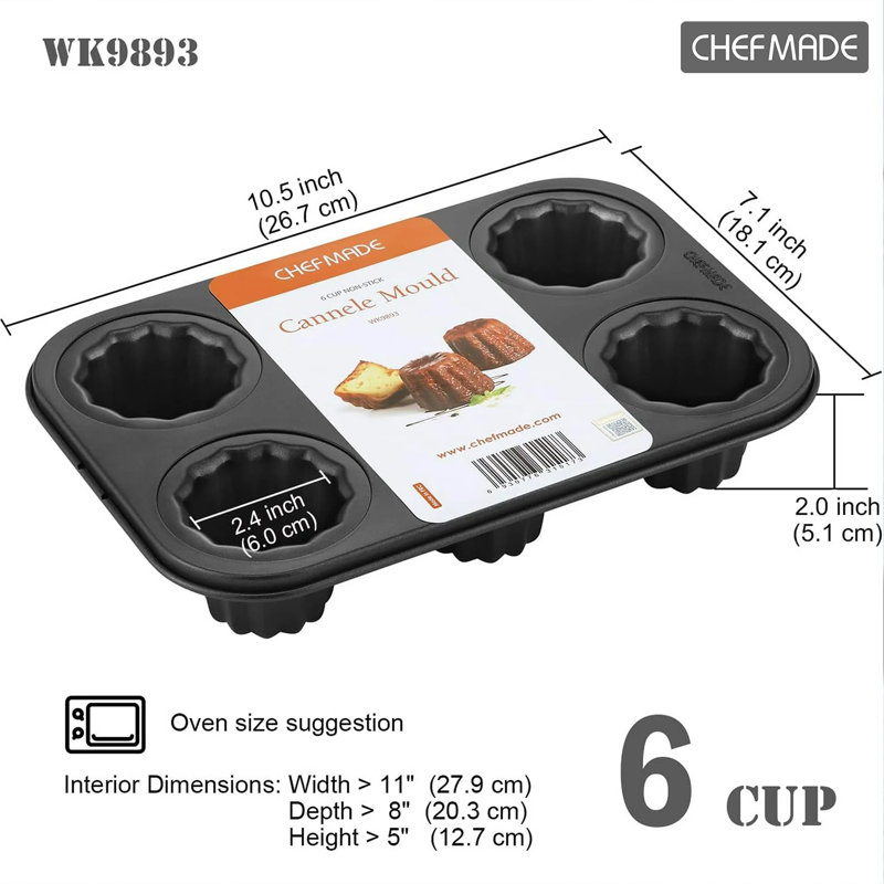 CHEFMADE Canele Cake Pan, Nonstick 6 Cavity Canele Muffin Bakeware