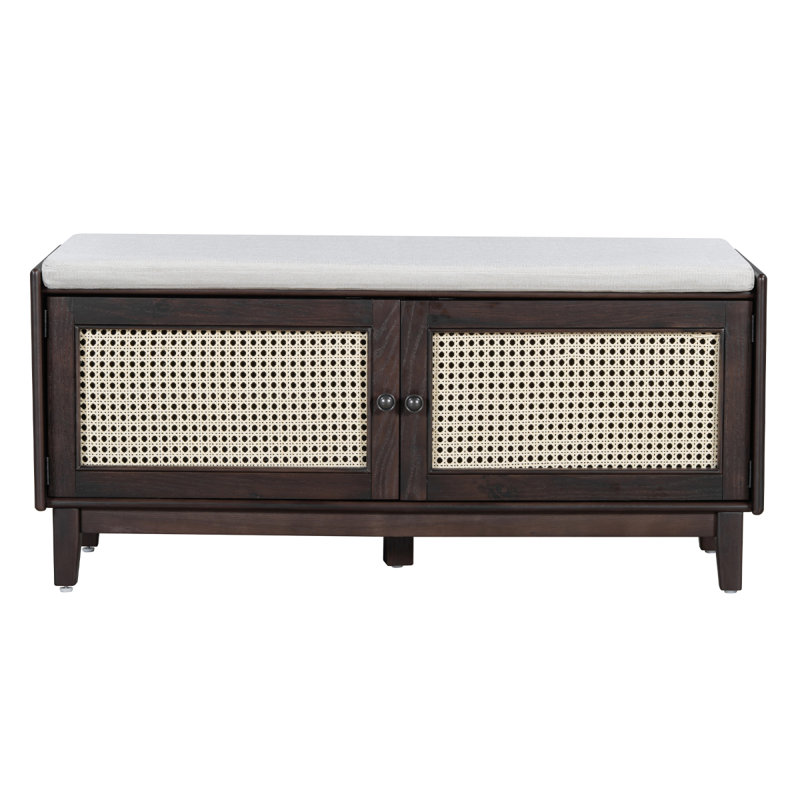 TREXM Boho Rattan Entryway Bench With Storage, Cushioned Shoe Bench With Double Doors, Wooden Shoe Organizer Bench For Entryway And Hallway (Espresso+Beige )