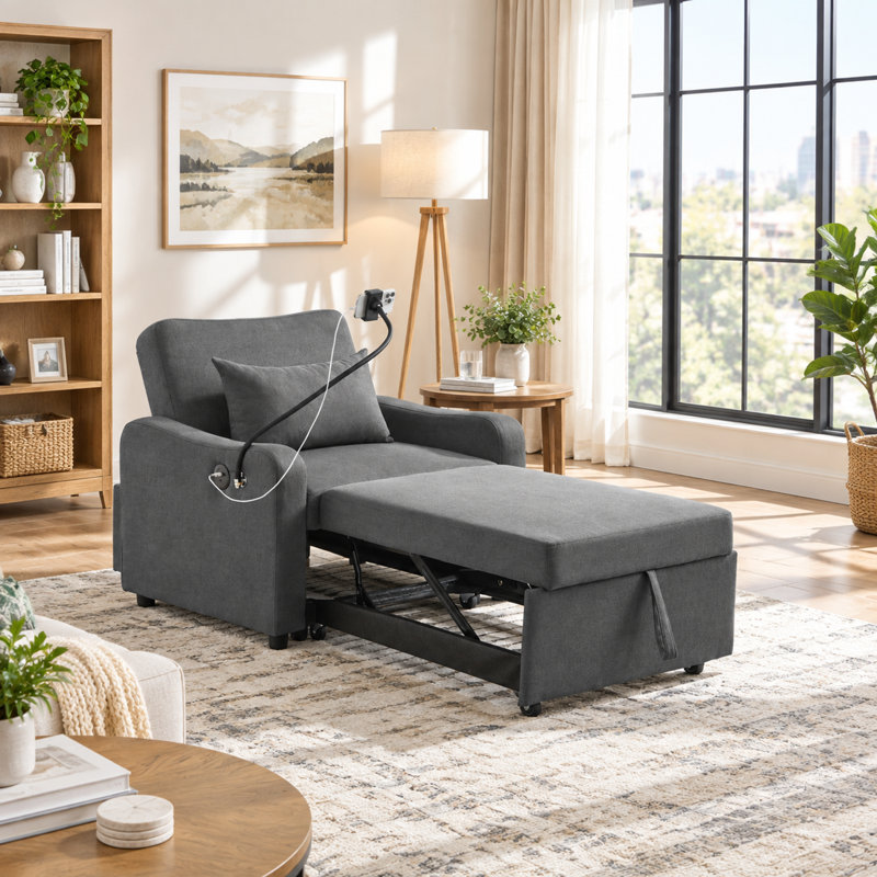Canapé-lit convertible 3 en 1 avec port USB-C et support pour téléphone, lin gris foncé