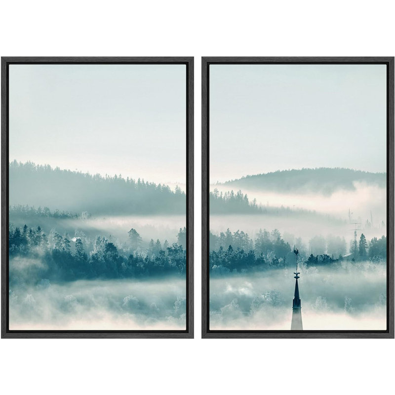 «Misty Clouds Mountain Range Forest Nature Landscape», impression sur toile, 2 pièces, Cadre flottant noir