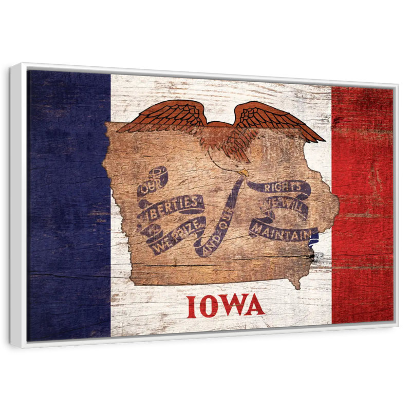Carte d'État sur le drapeau de l'Iowa, Cadre flottant blanc, 31 po x 21 po