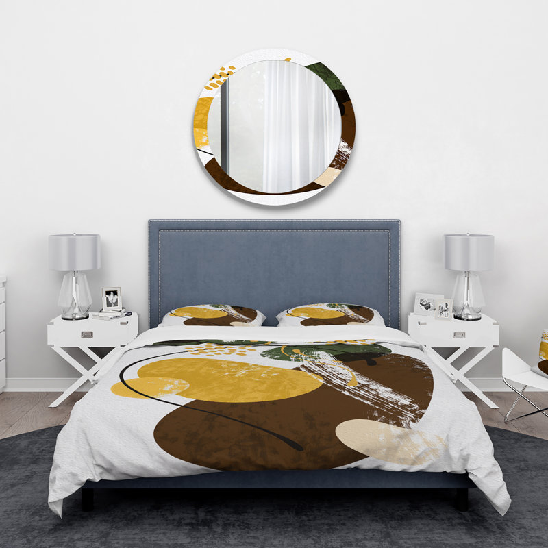 Ensemble de housse de couette en microfibre jaune / brun, Housse de couette pour grand lit et 2 taies décor