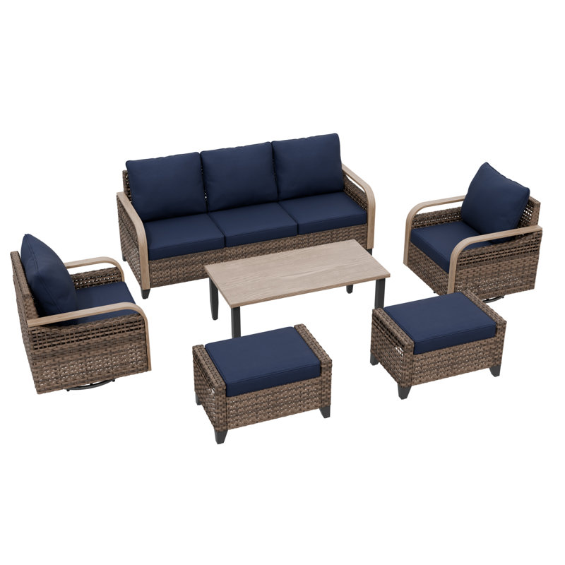 Wicker 5 - Person Modular Patio Conversation Set with Cushions, Blue