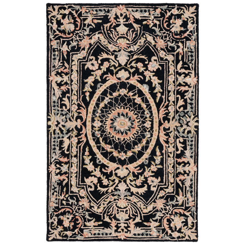 Fredella Tufted Wool/Cotton Performance Oriental Rug in Black/Ivory, Rectangle 6' x 9'