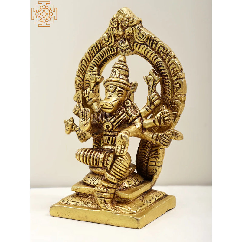 5" Small Brass Goddess Varahi Statue – Handmade Eight-Armed Hindu Tantric Deity Seated on Kirtimukha for Spiritual Home Altar