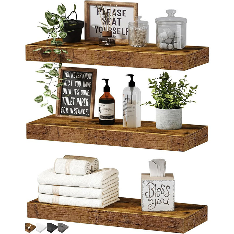 Floating Shelves For Wall Bathroom Shelf Bedroom Kitchen Farmhouse Small Book Shelf 16 Inch Set Of 3, Rustic Brown (015-bn3)