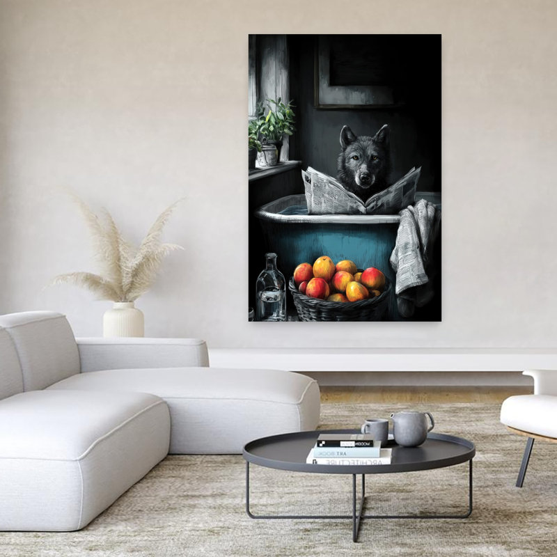 Wolf In Bathtube 1 Piece Wrapped Canvas Wall Art, 152.4 cm H x 101.6 cm W