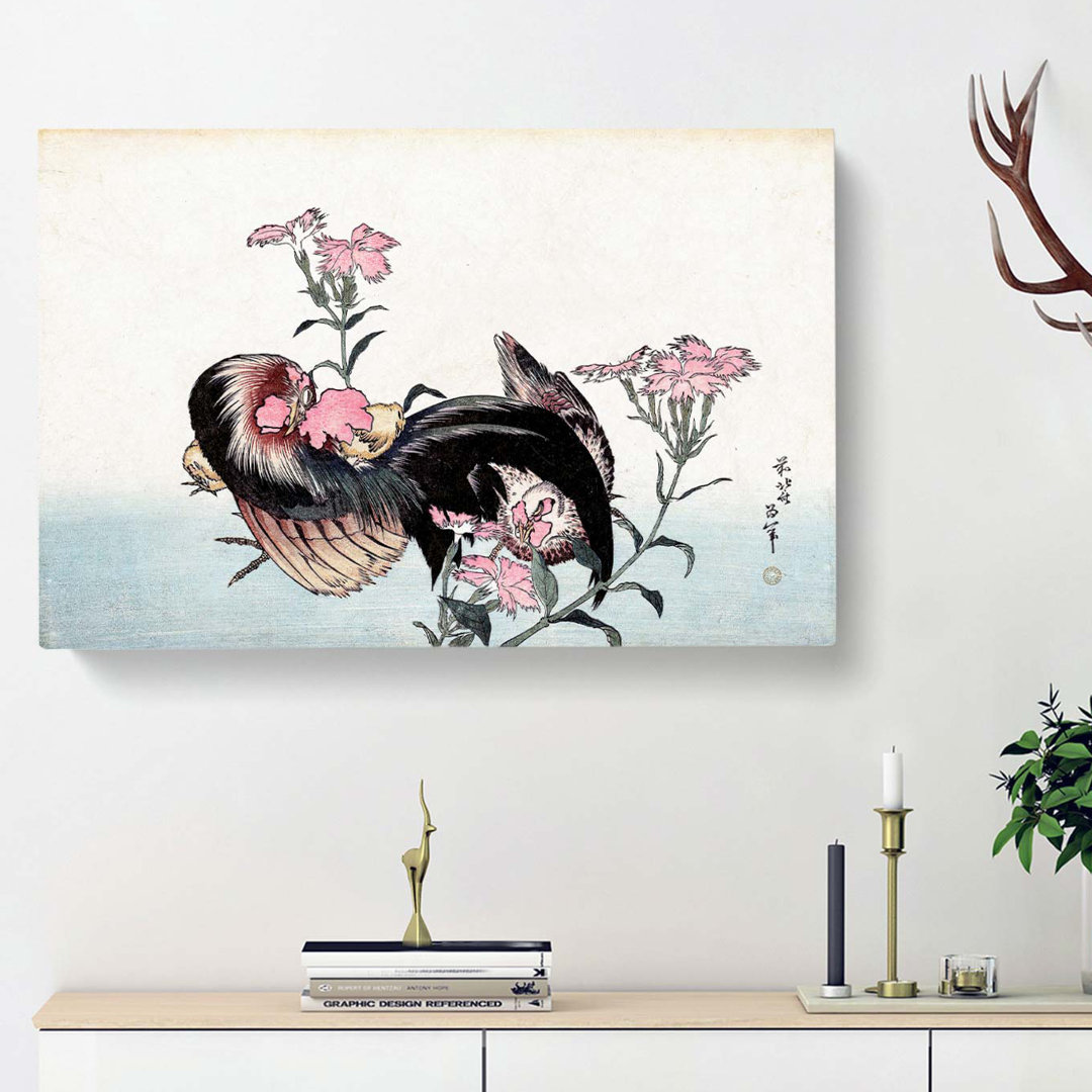 Cock, Hen & Nadeshiko by Katsushika Hokusai - Wrapped Canvas Painting Print