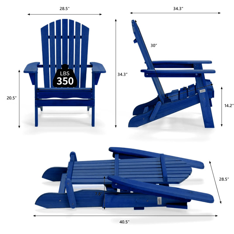 Patio Solid Wood Folding Adirondack Chair(Set Of 2), Blue